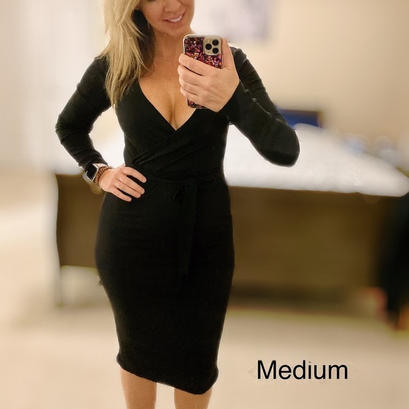 Black Tie Waist Knit Wrap Dress - Picture 7 of 7